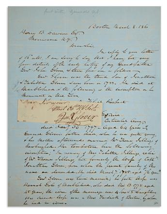 JOHN GLOVER. Clipped portion of a Letter Signed, attached to a letter from Glovers grandson Robert Hooper. The...